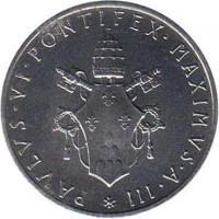 obverse of 1 Lira - Paul VI (1963 - 1965) coin with KM# 76 from Vatican City. Inscription: PAVLVS · VI · PONTIFEX · MAXIMUS · A · II