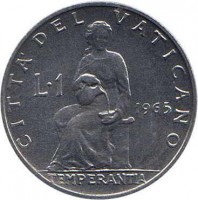 reverse of 1 Lira - Paul VI (1963 - 1965) coin with KM# 76 from Vatican City. Inscription: CITTA' DEL VATICANO L1 1965 TEMPERANTIA