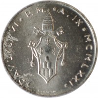 obverse of 1 Lira - Paul VI (1970 - 1977) coin with KM# 116 from Vatican City. Inscription: *PAVLVS*VI*P.M.*A.IX*MCMLXXII*