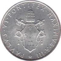 obverse of 2 Lire - Paul VI (1963 - 1965) coin with KM# 77 from Vatican City. Inscription: PAVLVS · VI · PONTIFEX · MAXIMVS · A · III