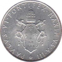 Vatican City coin 2 Lire - Paul VI (1963 - 1965) obverse obverse of 2 Lire - Paul VI (1963 - 1965) coin with KM# 77 from Vatican City. Inscription: PAVLVS · VI · PONTIFEX · MAXIMVS · A · III