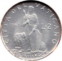 reverse of 2 Lire - Paul VI (1963 - 1965) coin with KM# 77 from Vatican City. Inscription: CITTA' DEL VATICANO 1965 L · 2 FORTITVDO