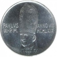 obverse of 2 Lire - Paul VI (1969) coin with KM# 109 from Vatican City. Inscription: PAVLVS VI P.M. ANNO VII MCMLXIX