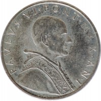 obverse of 5 Lire - Paul VI (1963 - 1965) coin with KM# 78 from Vatican City. Inscription: PAVLVS · VI · PONTIFEX · MAX · A · III