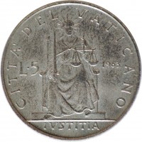 reverse of 5 Lire - Paul VI (1963 - 1965) coin with KM# 78 from Vatican City. Inscription: CITTA' DEL VATICANO L · 5 1965 IVSTITIA