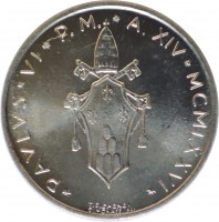 obverse of 5 Lire - Paul VI (1970 - 1977) coin with KM# 118 from Vatican City. Inscription: *PAVLVS*VI*P.M.*A.XII*MCMLXXII*