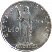 reverse of 10 Lire - Paul VI (1963 - 1965) coin with KM# 79 from Vatican City. Inscription: CITTA' DEL VATICANO 1965 L.10 PRVDENTIA