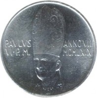 obverse of 10 Lire - Paul VI (1969) coin with KM# 111 from Vatican City. Inscription: PAVLVS VI P.M. ANNO VII MCMLXIX