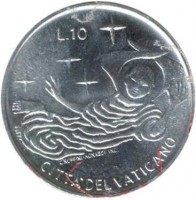 reverse of 10 Lire - Paul VI (1969) coin with KM# 111 from Vatican City. Inscription: L.10 CITTA' DEL VATICANO