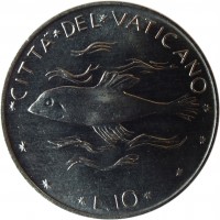 reverse of 10 Lire - Paul VI (1970 - 1977) coin with KM# 119 from Vatican City. Inscription: CITTA * DEL * VATICANO L.10