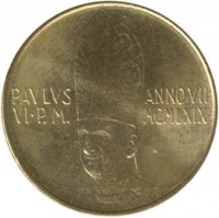 obverse of 20 Lire - Paul VI (1969) coin with KM# 112 from Vatican City. Inscription: PAVLVS VI P.M. ANNO VII MCMLXIX