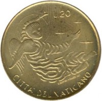 reverse of 20 Lire - Paul VI (1969) coin with KM# 112 from Vatican City. Inscription: L.20 CITTA' DEL VATICANO