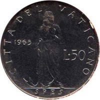 reverse of 50 Lire - Paul VI (1963 - 1965) coin with KM# 81 from Vatican City. Inscription: CITTA' DEL VATICANO 1965 L · 50 SPES