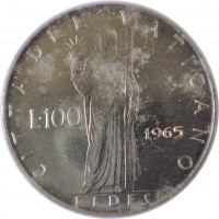 Vatican City coin 100 Lire - Paul VI (1963 - 1965) reverse reverse of 100 Lire - Paul VI (1963 - 1965) coin with KM# 82 from Vatican City. Inscription: CITTA' DEL VATICANO L · 100 1965 FIDES