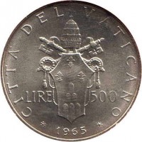 reverse of 500 Lire - Paul VI (1963 - 1965) coin with KM# 83 from Vatican City. Inscription: CITTA' DEL VATICANO LIRE 500 1965