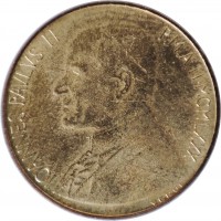 obverse of 20 Lire - John Paul II (1979 - 1980) coin with KM# 144 from Vatican City. Inscription: IOANNES PAVLVS II P.M.A.I MCMLXXIX