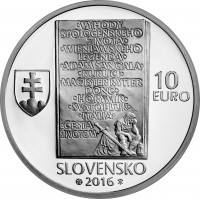 obverse of 10 Euro - 150th anniversary of the birth of Ladislav Nádaši-Jégé (2016) coin from Slovakia. Inscription: 10 EURO SLOVENSKO 2016
