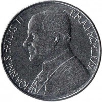 obverse of 50 Lire - John Paul II (1979 - 1980) coin with KM# 145 from Vatican City. Inscription: IOANNES PAVLVS II P.M.A.I · MCMLXXIX