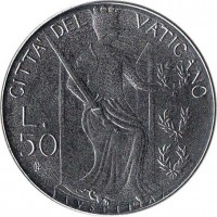reverse of 50 Lire - John Paul II (1979 - 1980) coin with KM# 145 from Vatican City. Inscription: CITTA' DEL VATICANO L. 50 IVSTITIA