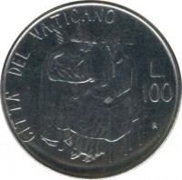 Vatican City coin 100 Lire - John Paul II (1981) reverse reverse of 100 Lire - John Paul II (1981) coin with KM# 158 from Vatican City. Inscription: CITTA' DEL VATICANO L. 100 R