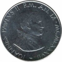 Vatican City coin 100 Lire - John Paul II (1987) obverse obverse of 100 Lire - John Paul II (1987) coin with KM# 202 from Vatican City. Inscription: IOANNES PAVLVS II P.M. AN. IX · MCMLXXXVII
