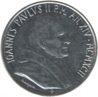 obverse of 100 Lire - John Paul II (1992) coin with KM# 239 from Vatican City. Inscription: IOANNES PAVLVS II P.M. AN. XIV MCMXCII