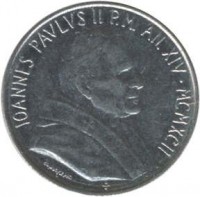 Vatican City coin 100 Lire - John Paul II (1992) obverse obverse of 100 Lire - John Paul II (1992) coin with KM# 239 from Vatican City. Inscription: IOANNES PAVLVS II P.M. AN. XIV MCMXCII
