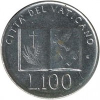 reverse of 100 Lire - John Paul II (1992) coin with KM# 239 from Vatican City. Inscription: CITTA' DEL VATICANO R L.100