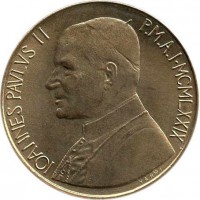 obverse of 200 Lire - John Paul II (1979 - 1980) coin with KM# 147 from Vatican City. Inscription: IOANNES PAVLVS II P.M.A.I MCMLXXIX