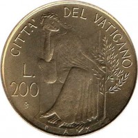 reverse of 200 Lire - John Paul II (1979 - 1980) coin with KM# 147 from Vatican City. Inscription: CITTA' DEL VATICANO L. 200 PAXA