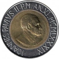 obverse of 500 Lire - John Paul II (1989) coin with KM# 218 from Vatican City. Inscription: IONNES PAVLVS II P.M.AN.XI.MCMLXXXIX