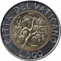 reverse of 500 Lire - John Paul II (1989) coin with KM# 218 from Vatican City. Inscription: CITTA' DEL VATICANO R L.500