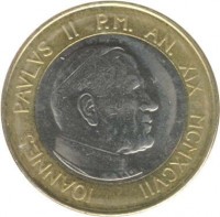 obverse of 1000 Lire - John Paul II (1997) coin with KM# 286 from Vatican City. Inscription: IOANNES PAVLVS II P.M. AN. XIX MCMXCVII