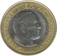 Vatican City coin 1000 Lire - John Paul II (1997) obverse obverse of 1000 Lire - John Paul II (1997) coin with KM# 286 from Vatican City. Inscription: IOANNES PAVLVS II P.M. AN. XIX MCMXCVII