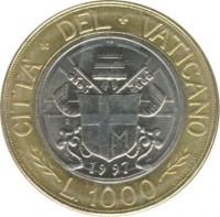 reverse of 1000 Lire - John Paul II (1997) coin with KM# 286 from Vatican City. Inscription: CITTA' DEL VATICANO R 1997 L. 1000