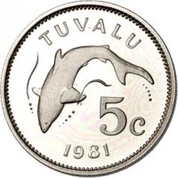 Tuvalu coin 5 Cents - Elizabeth II - 2'nd Portrait (1976 - 1985) reverse reverse of 5 Cents - Elizabeth II - 2'nd Portrait (1976 - 1985) coin with KM# 3 from Tuvalu. Inscription: TUVALU 5c 1981