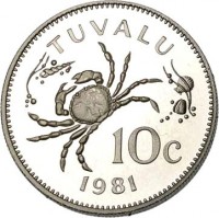 reverse of 10 Cents - Elizabeth II - 2'nd Portrait (1976 - 1985) coin with KM# 4 from Tuvalu. Inscription: TUVALU 10c 1981