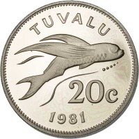Tuvalu coin 20 Cents - Elizabeth II - 2'nd Portrait (1976 - 1985) reverse reverse of 20 Cents - Elizabeth II - 2'nd Portrait (1976 - 1985) coin with KM# 5 from Tuvalu. Inscription: TUVALU 20c 1981