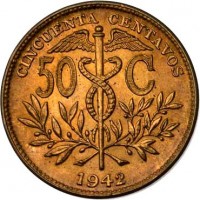 reverse of 50 Centavos (1942) coin with KM# 182a from Bolivia. Inscription: CINCUENTA CENTAVOS 50 C 1942