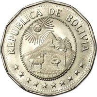 obverse of 25 Centavos (1971 - 1972) coin with KM# 193 from Bolivia. Inscription: REPUBLICA DE BOLIVIA