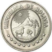 obverse of 5 Pesos Bolivianos (1976 - 1980) coin with KM# 197 from Bolivia. Inscription: REPUBLICA DE BOLIVIA