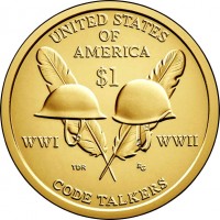 reverse of 1 Dollar - Code Talkers from both WW I and WW II (2016) coin with KM# 618 from United States. Inscription: UNITED STATES OF AMERICA $1 WWI WWII TDR RG CODE TALKERS