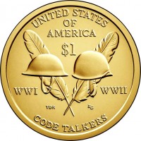 United States coin 1 Dollar - Code Talkers from both WW I and WW II (2016) reverse reverse of 1 Dollar - Code Talkers from both WW I and WW II (2016) coin with KM# 618 from United States. Inscription: UNITED STATES OF AMERICA $1 WWI WWII TDR RG CODE TALKERS