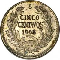 reverse of 5 Centavos (1908 - 1919) coin with KM# 155.2a from Chile. Inscription: So CINCO CENTAVOS 1908