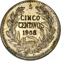 Chile coin 5 Centavos (1908 - 1919) reverse reverse of 5 Centavos (1908 - 1919) coin with KM# 155.2a from Chile. Inscription: So CINCO CENTAVOS 1908