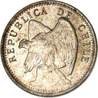 obverse of 10 Centavos (1908 - 1920) coin with KM# 156.2a from Chile. Inscription: REPUBLICA DE CHILE