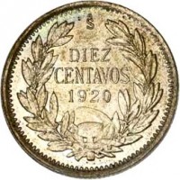 reverse of 10 Centavos (1908 - 1920) coin with KM# 156.2a from Chile. Inscription: So DIEZ CENTAVOS 1920