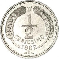 Chile coin 1/2 Centesimo (1962 - 1963) reverse reverse of 1/2 Centesimo (1962 - 1963) coin with KM# 192 from Chile. Inscription: Eº 1 - 2 CENTESIMO 1962 So