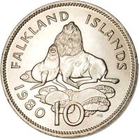 Falkland Islands coin 10 Pence - Elizabeth II - Larger; 2'nd Portrait (1974 - 1992) reverse reverse of 10 Pence - Elizabeth II - Larger; 2'nd Portrait (1974 - 1992) coin with KM# 5.1 from Falkland Islands. Inscription: FALKLAND ISLANDS 1980 10