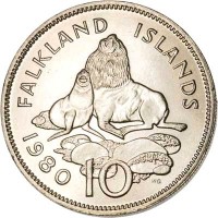 reverse of 10 Pence - Elizabeth II - Larger; 2'nd Portrait (1974 - 1992) coin with KM# 5.1 from Falkland Islands. Inscription: FALKLAND ISLANDS 1980 10